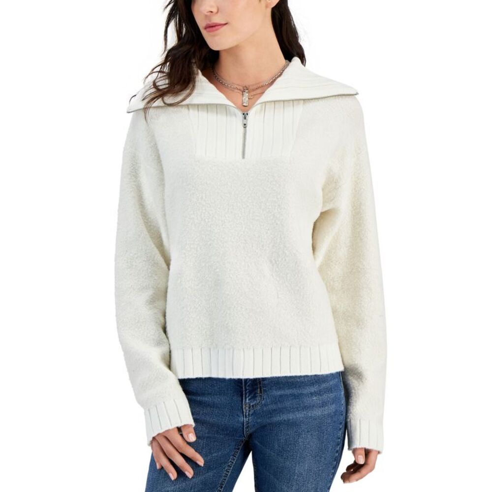 Sugar Moon Juniors' Quarter-Zip Long-Sleeve Boucl� Sweater